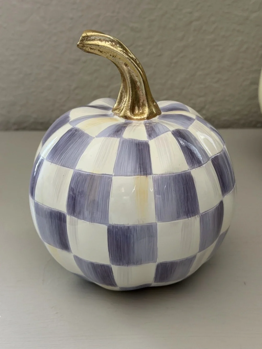 Mackenzie Childs Violet Mini Pumpkin Decor Gold Stem Check Pattern New